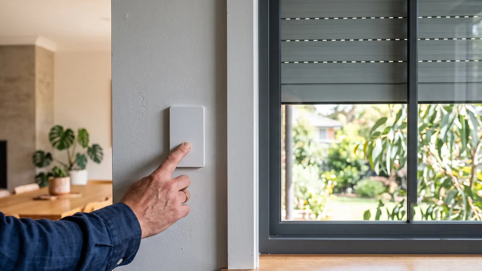Hand pressing a wall switch to close a motorised aluminium roller shutter in a modern home