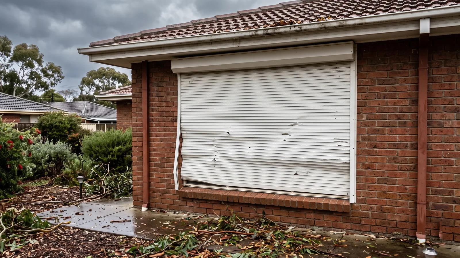 Storm damaged white roller shutter on an Australian brick home
