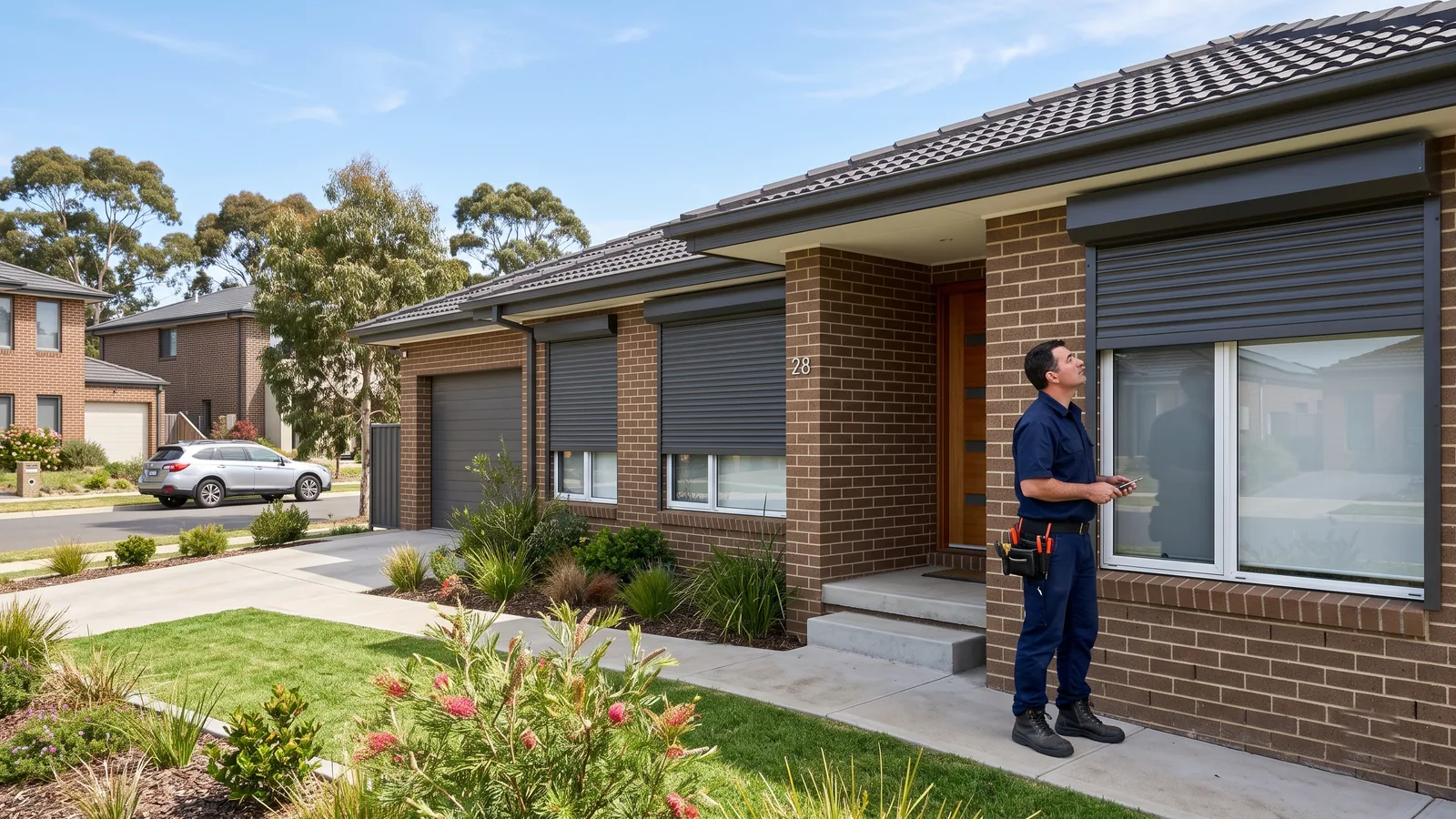 Tradesperson inspecting an aluminium roller shutter on a brick rental home in south-west Sydney