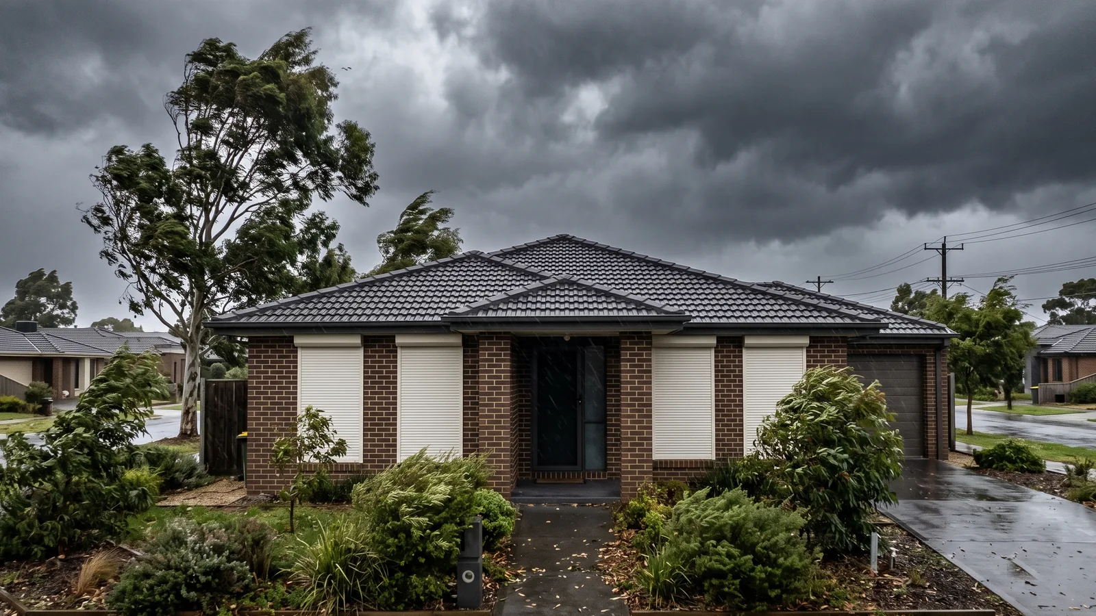 White roller shutters closed on an Australian home during a storm