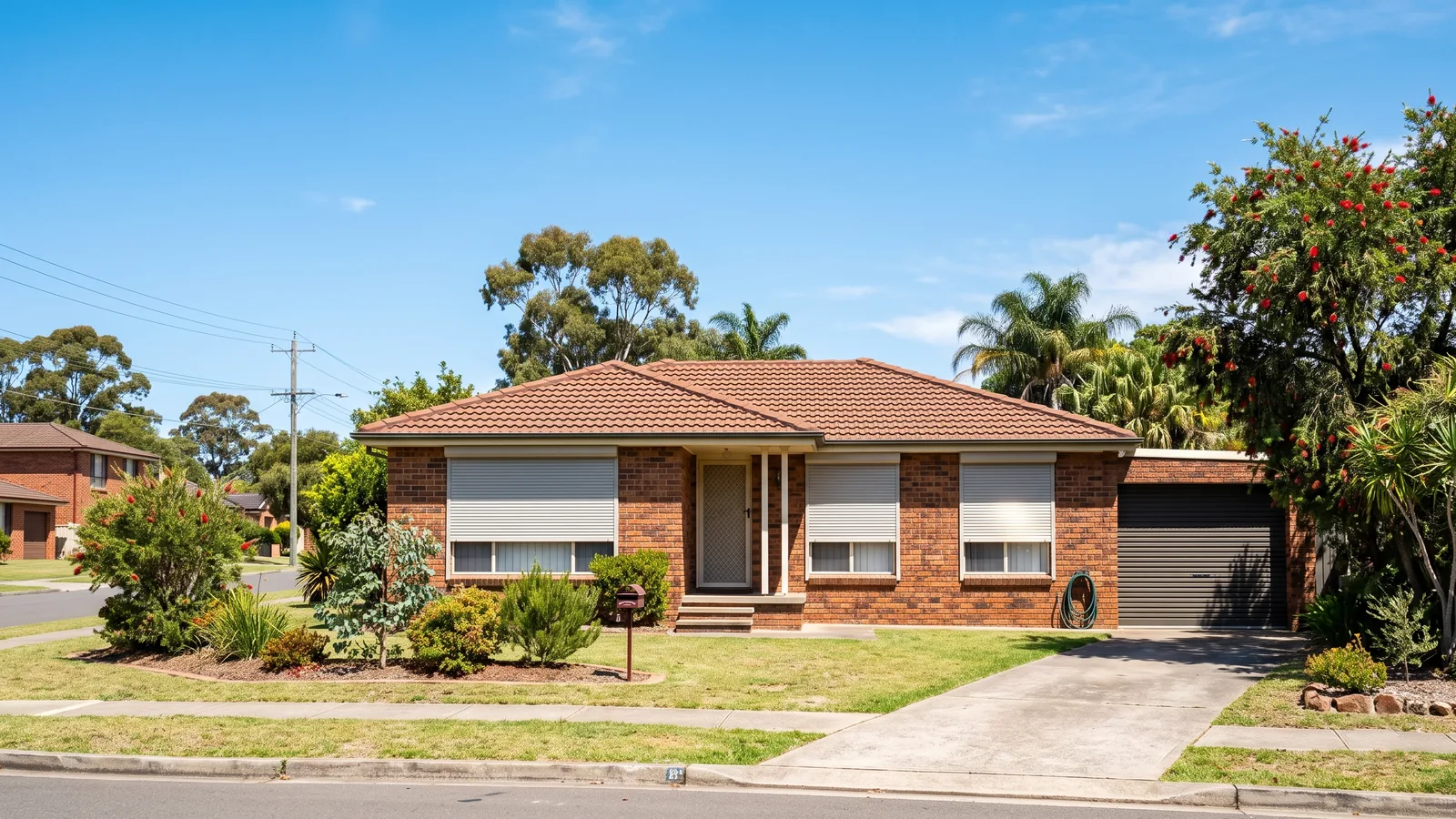 Single-storey brick home with aluminium roller shutters in south-west Sydney under bright summer sun