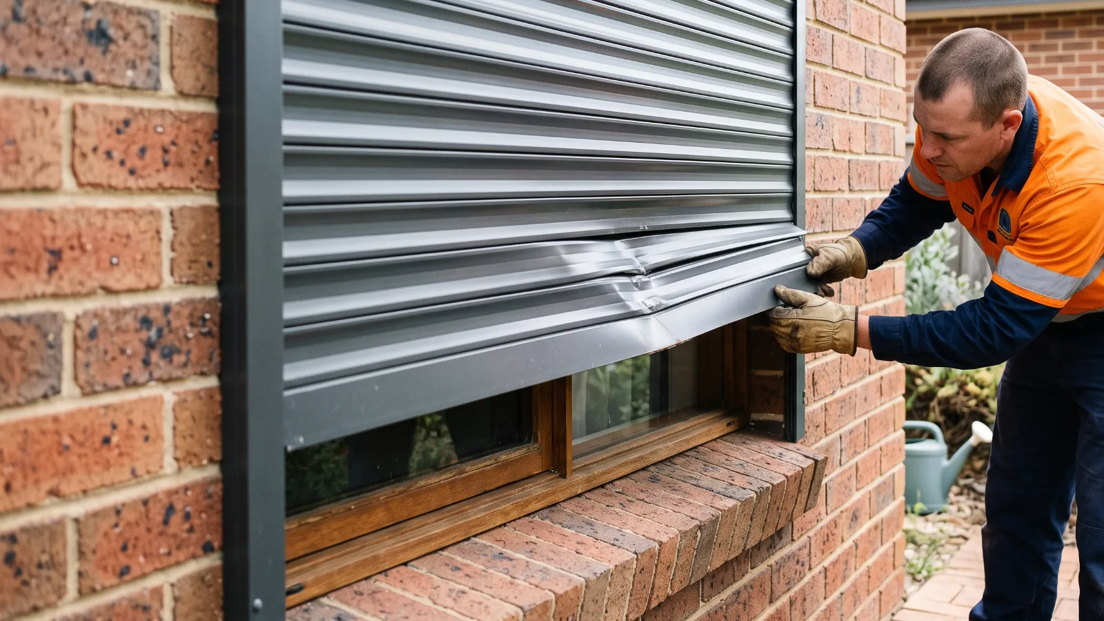 Bent slat on an aluminium roller shutter being inspected by a tradesperson