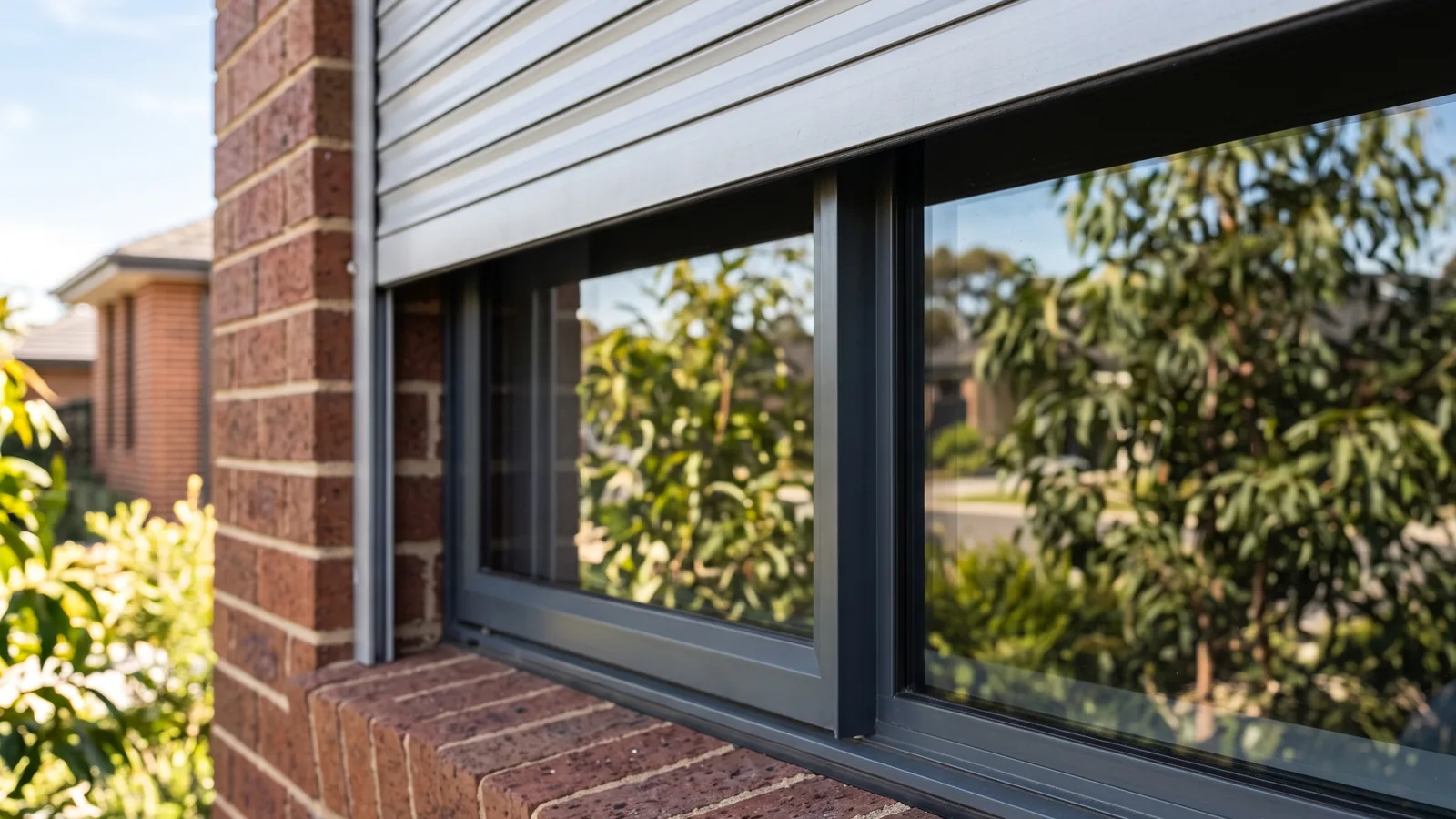 Aluminium bottom rail of a partly lowered exterior roller shutter above a brick window sill on an Australian home