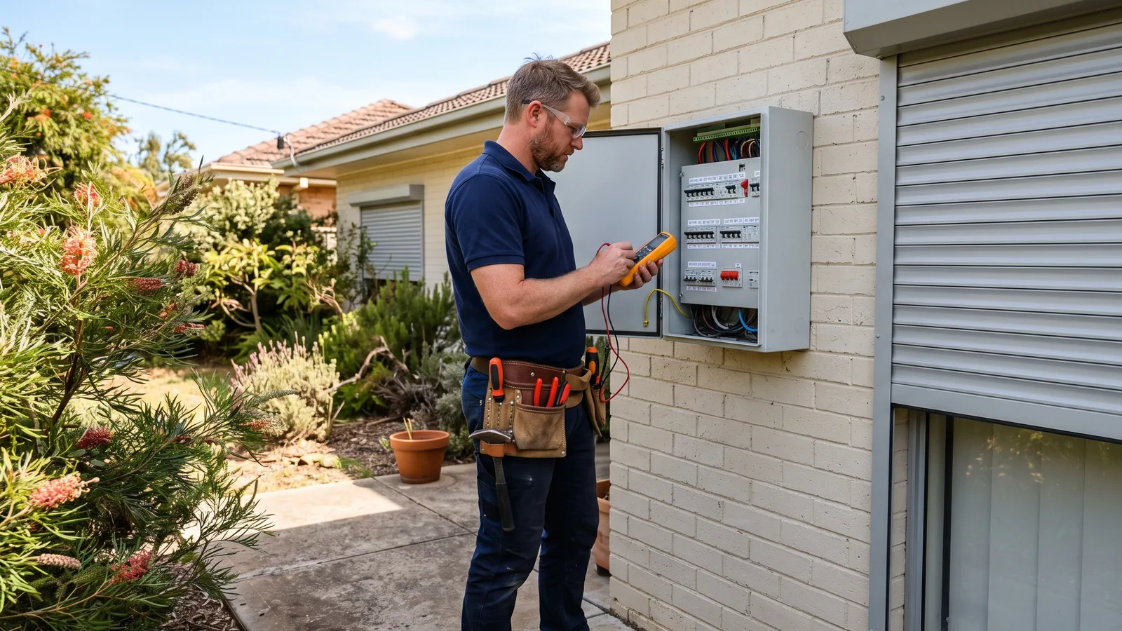 Electrician checking a home switchboard beside a window fitted with an exterior roller shutter