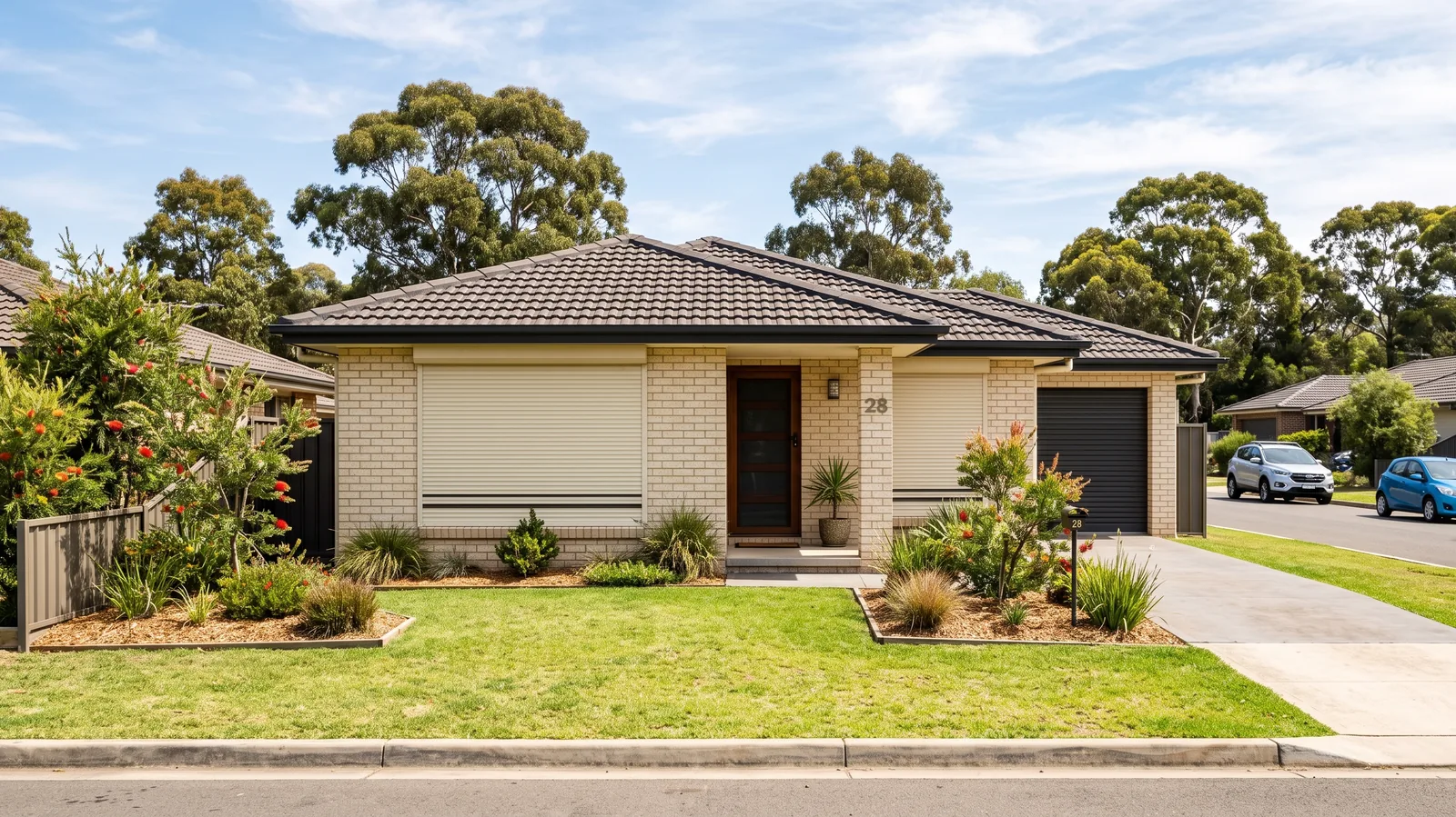 Australian brick home with cream roller shutters closed over the front windows on a sunny day