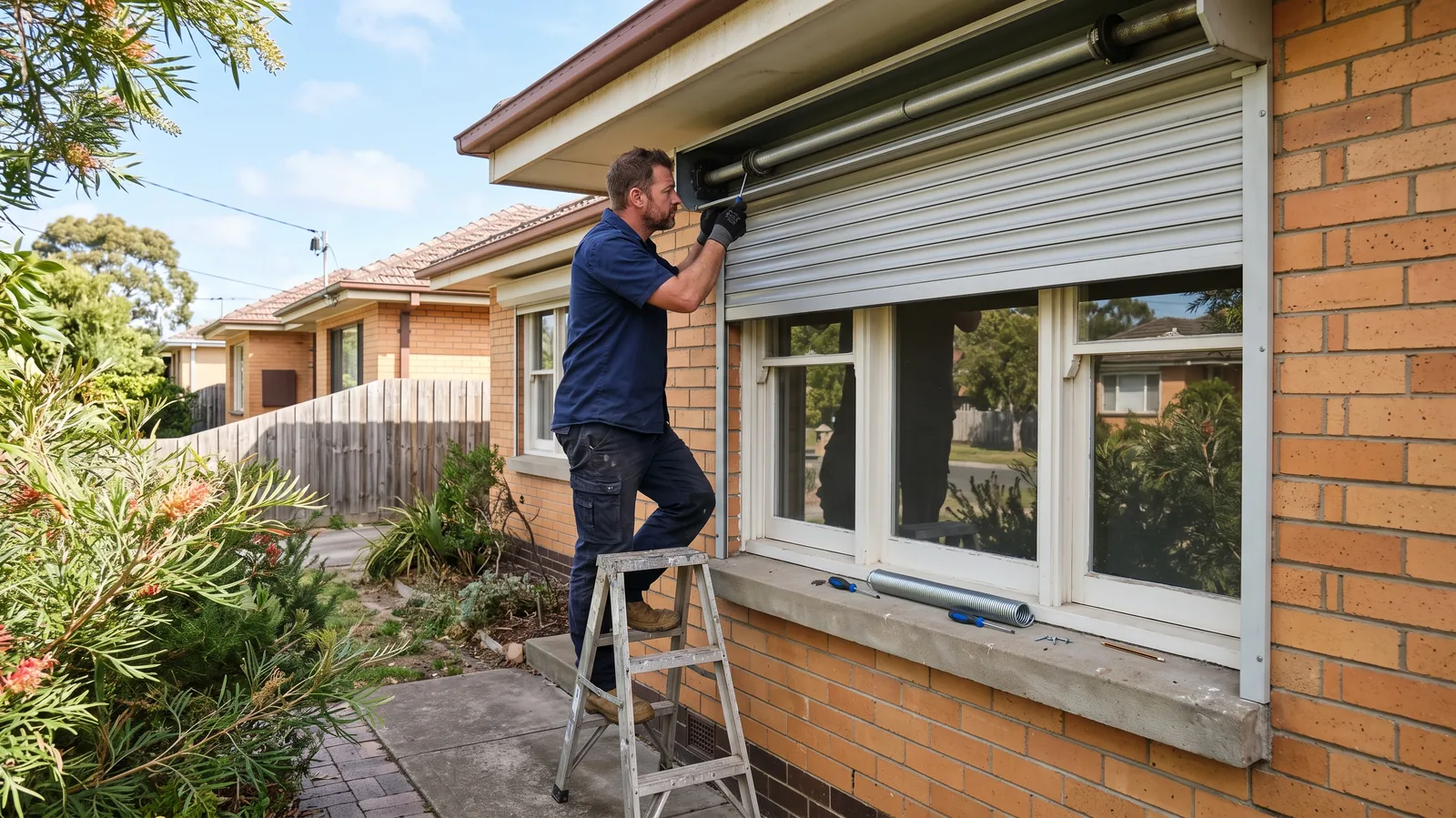Tradesperson on a step ladder checking inside the top box of a roller shutter on a brick home